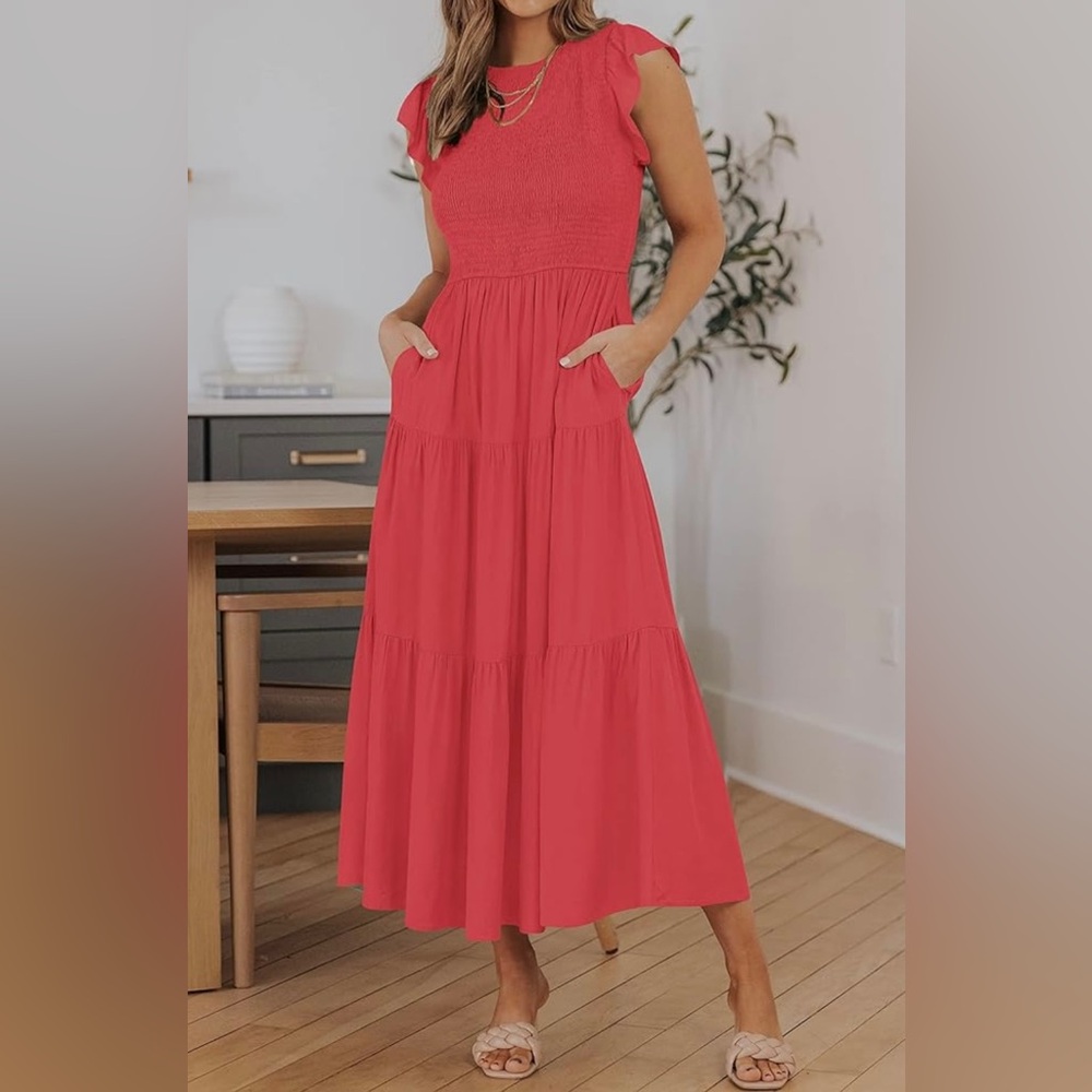 Ruffle Sleeve Long/Midi Tiered Coral Dress